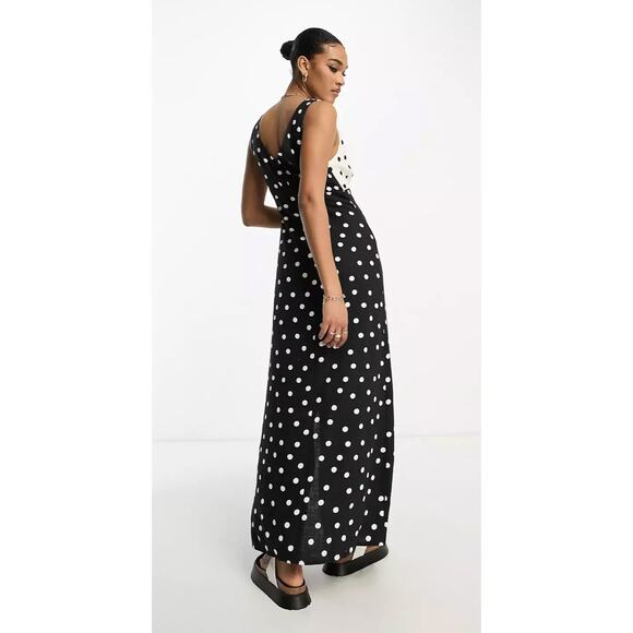 ASOS Linen V Neck Polka Dot Maxi Slip Sundress Women Plus 16 Tall New Mono Spot - Picture 2 of 11